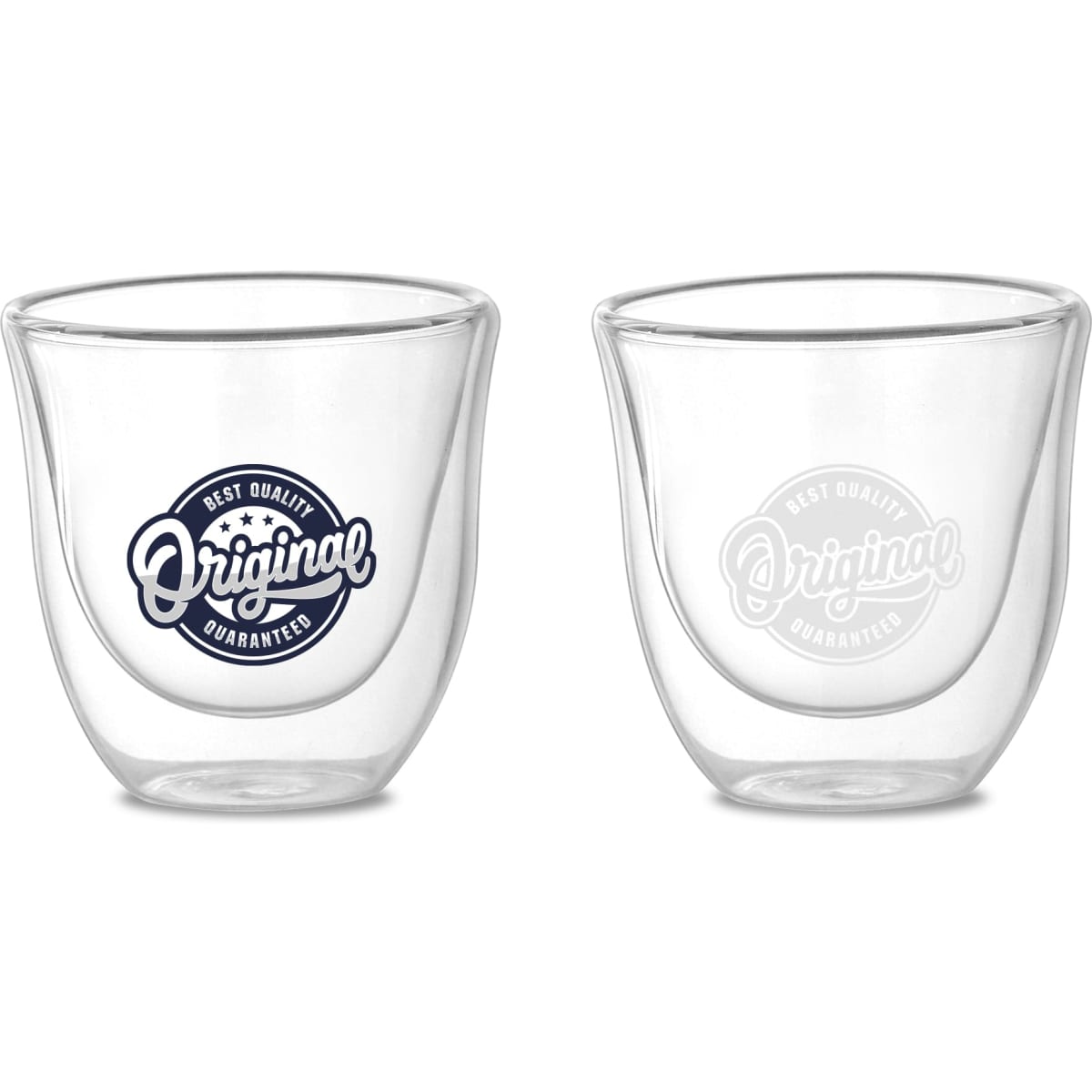 A double wall glass featuring a rounded design, with one side displaying a logo and the other side clear.