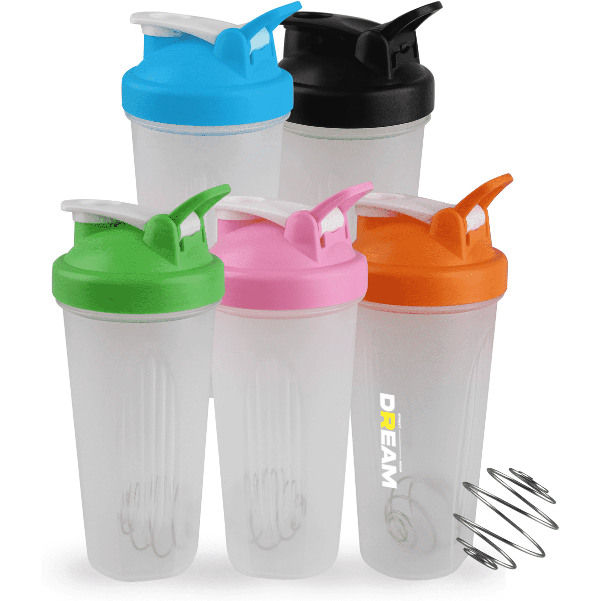 A drink bottle set featuring five BPA-free shaker bottles in black, blue, green, pink, and orange, with a metal whisk ball.