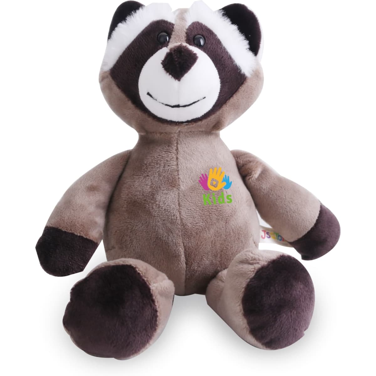 A brown and cream raccoon plush toy with a smiling face and logo on its chest. It's soft and huggable in design.