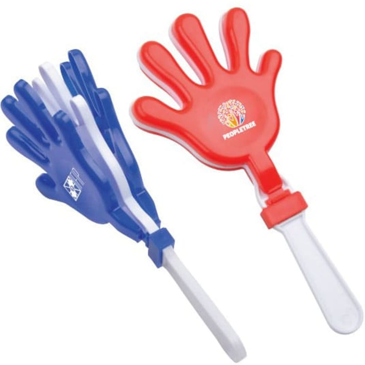 A red and blue hand clapper product with a white handle, featuring a logo on the red side.