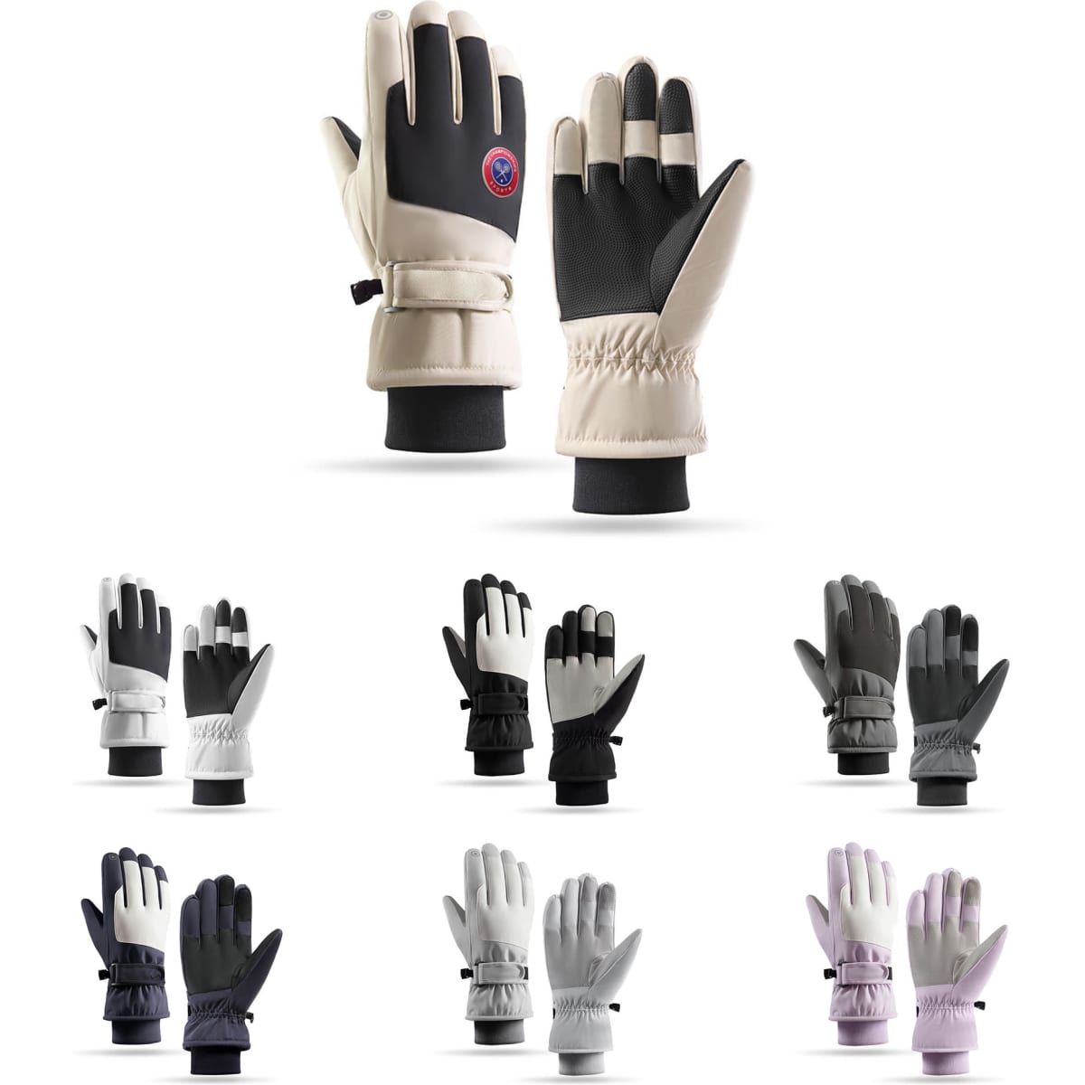 A pair of ski gloves in cream with black accents, accompanied by various other coloured gloves in a grid layout.