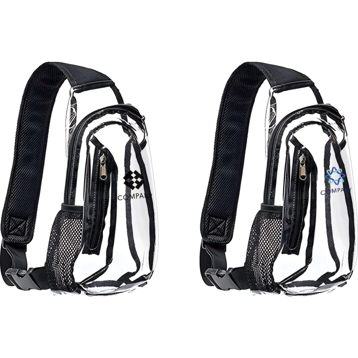 A large capacity clear bag with shoulder straps, featuring a black trim and a mesh pocket, includes logos on both sides.