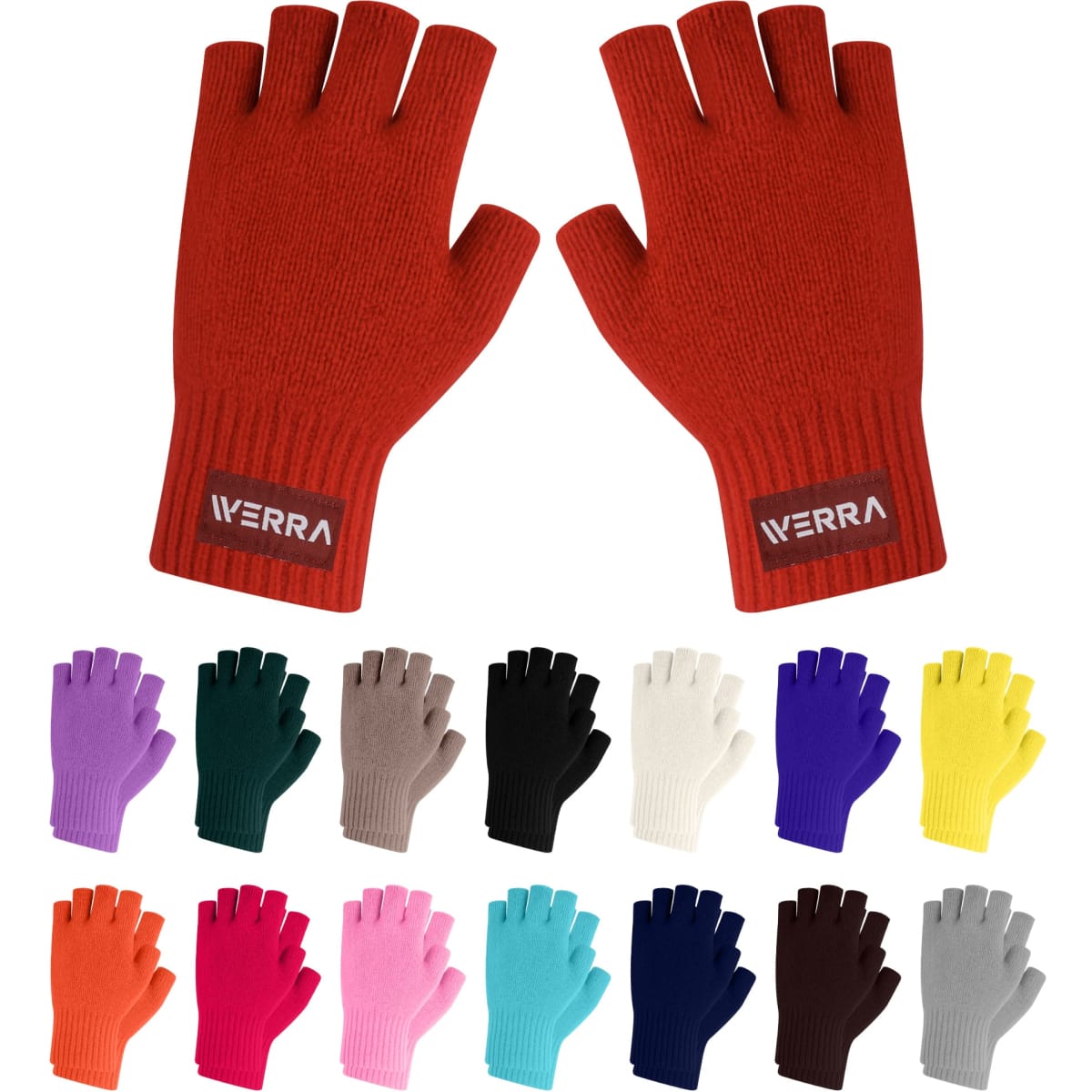 Fingerless gloves in various colours, including red, purple, black, and white, featuring a woven label.