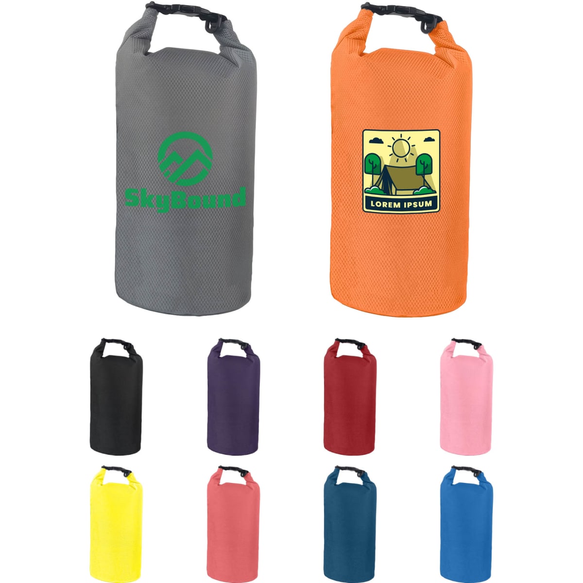 Two Oxford cloth dry bags in grey and orange, alongside bags in black, purple, red, pink, and yellow. Each has a logo.