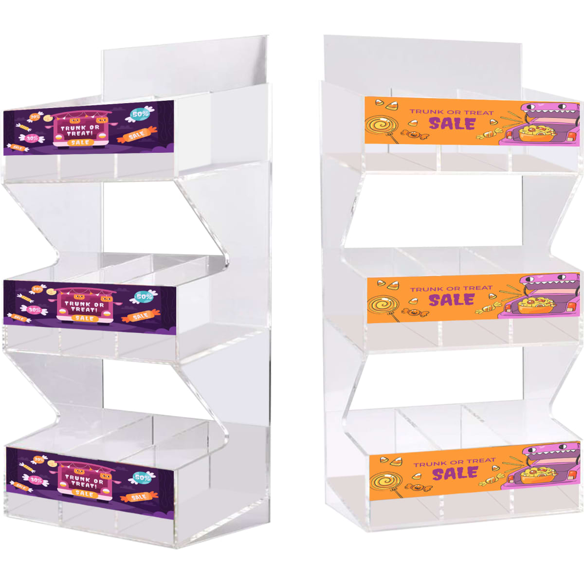 A three-level acrylic display with clear shelves and colourful promotional panels on each level.