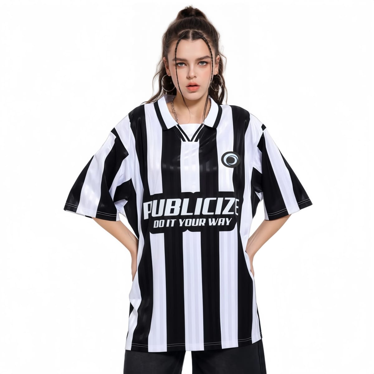 A loose-fitting, unisex polo jersey featuring bold black and white stripes and a prominent logo on the front.