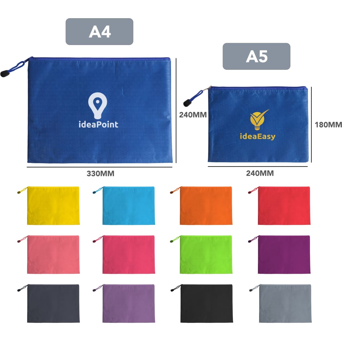A variety of zip bags in multiple colours, including blue, pink, orange, and purple, with logos featured.
