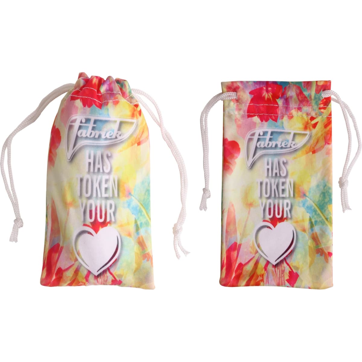 A drawstring pouch featuring a vibrant floral design, ideal for holding sunglasses, with a logo on the front.
