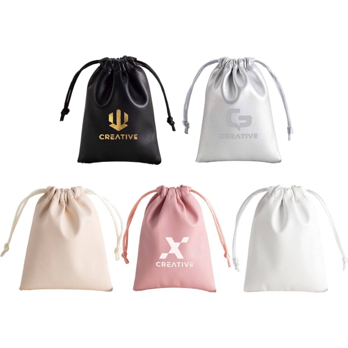 A collection of PU leather drawstring gift bags in black, grey, pink, beige, and white, each with a logo.