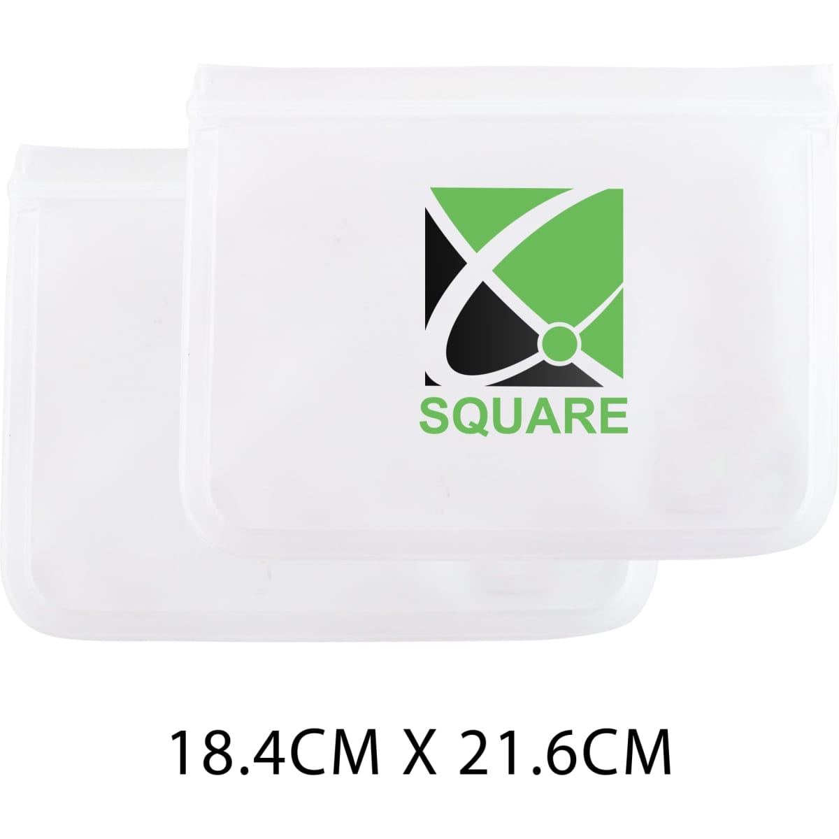 Transparent storage bags in small size with a green logo, measuring 18.4cm x 21.6cm.