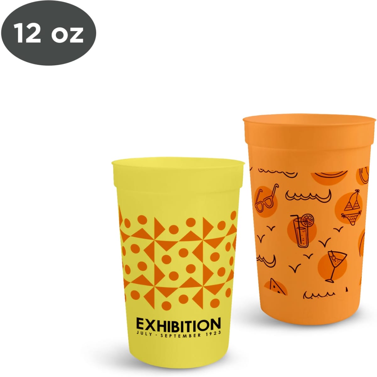 Two 355ml plastic stadium cups in yellow and orange, featuring various graphic designs and logos.