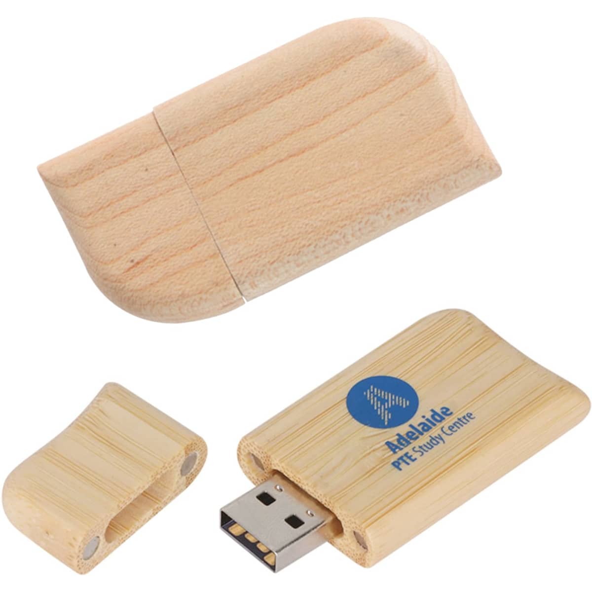 A wooden butterfly flash drive in light wood colour, featuring a removable cap and a branding logo.