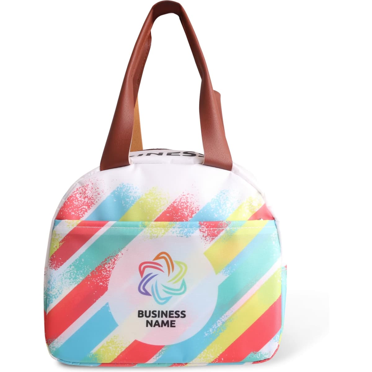 A waterproof RPET cooler bag in pastel colours with striped patterns and a brown handle, featuring a logo.