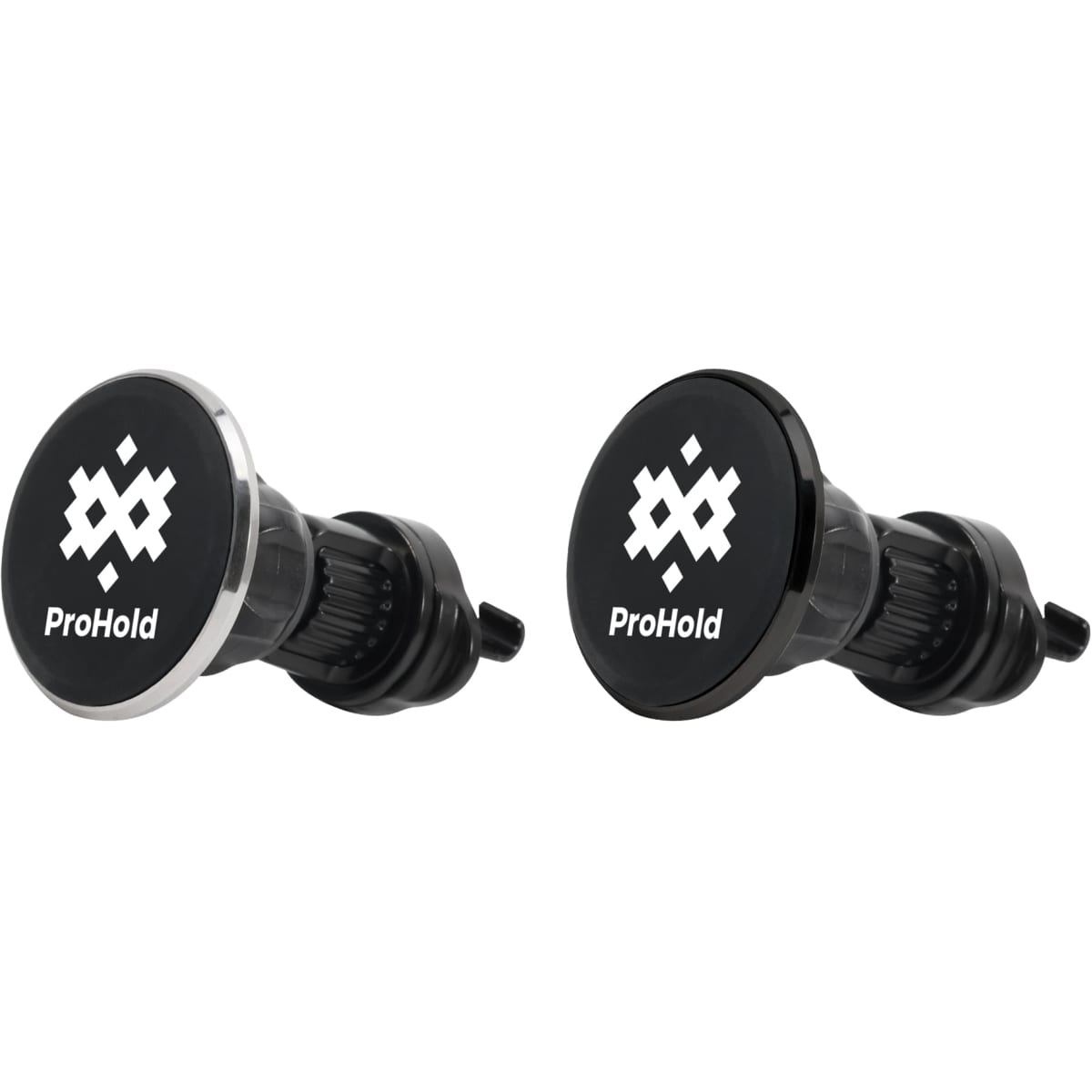 Round car hook brackets in black and chrome finishes, featuring a logo on each.