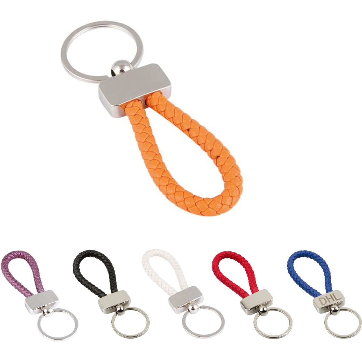A metal keyring tag with a braided strap in orange, surrounded by keyring tags in purple, black, white, red, and blue.