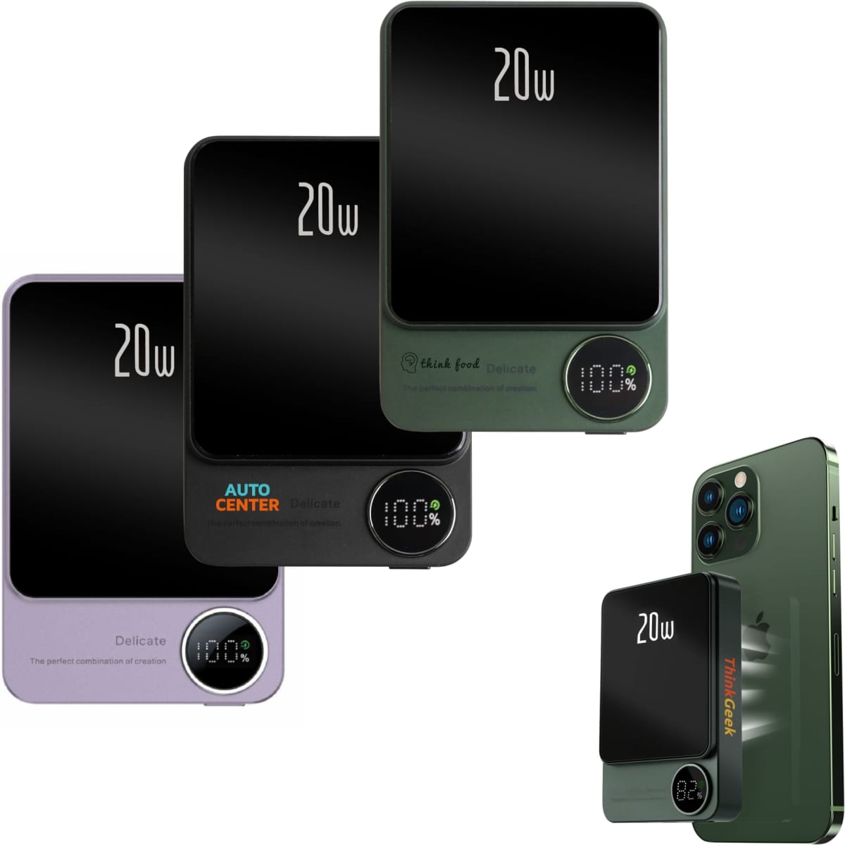 A collection of three 10000mAh magnetic wireless power banks in lavender, black, and dark green, with digital displays.