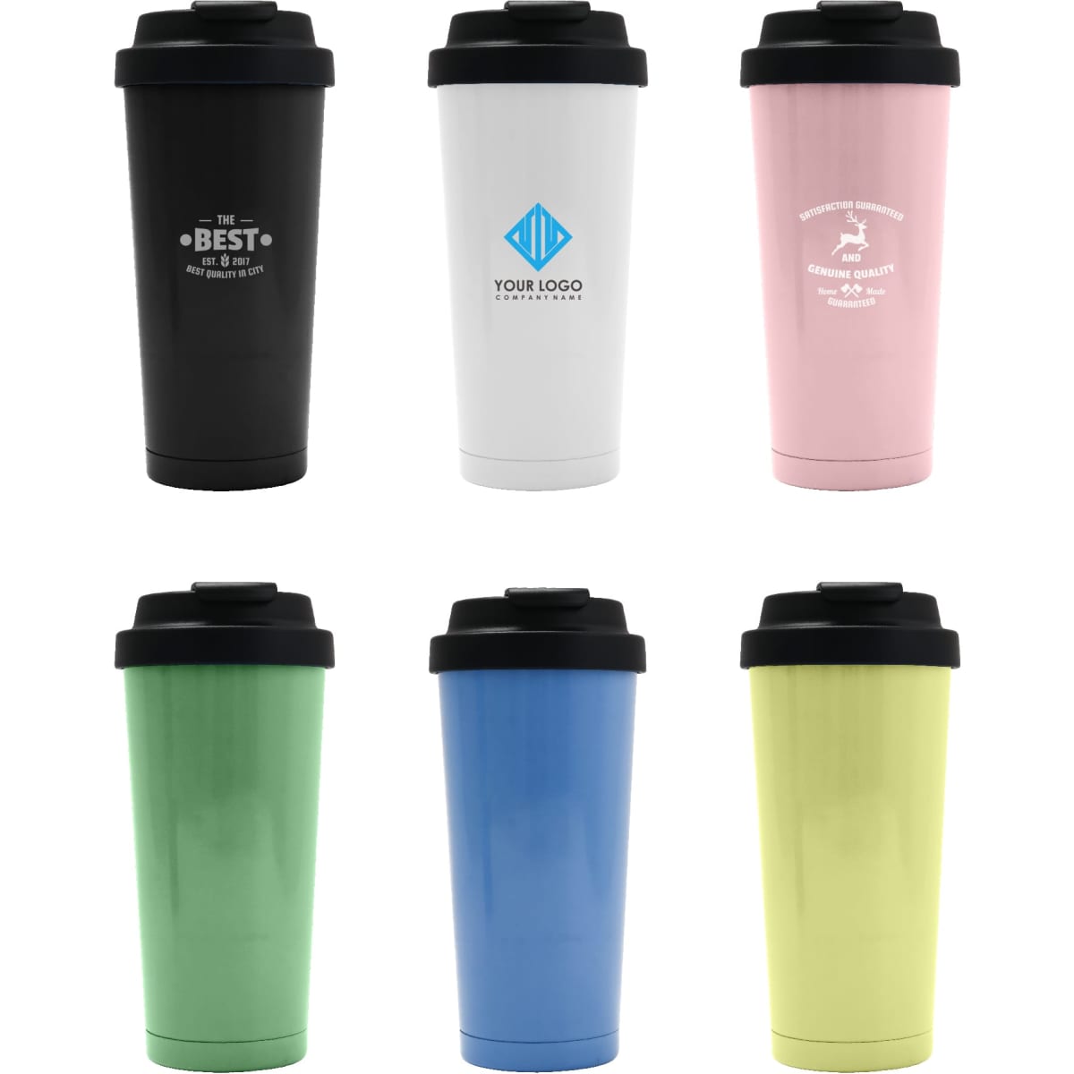 A drink bottle set featuring six tumblers in black, white, pink, green, blue, and yellow, each with a different logo.