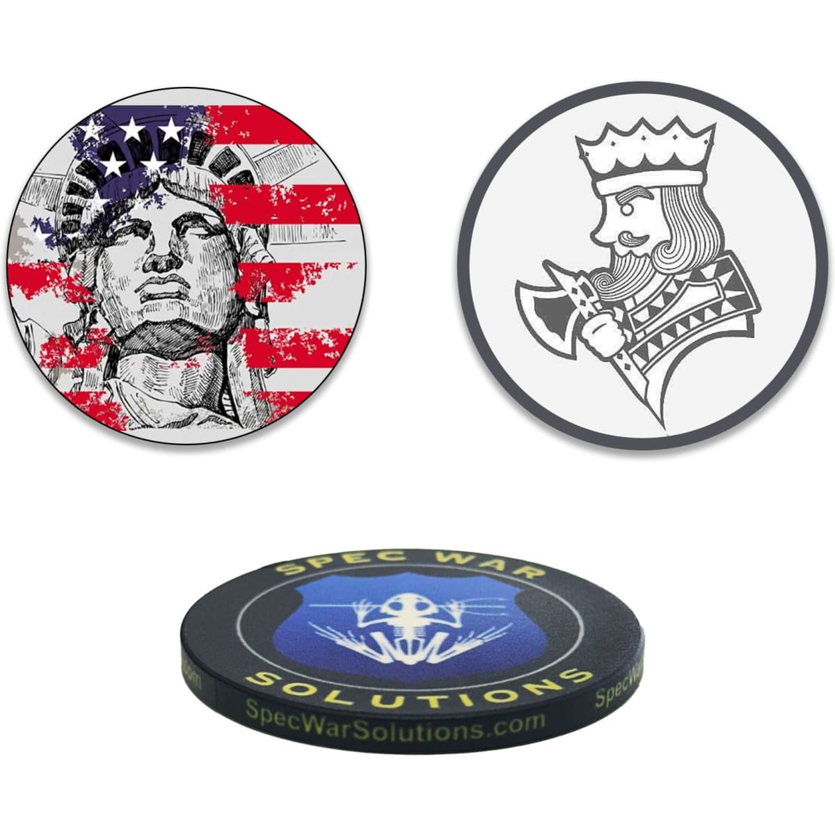 Three custom poker chips featuring designs: one with the Statue of Liberty, one with a king’s profile, and a third with a logo. The chips have black and multicoloured elements.