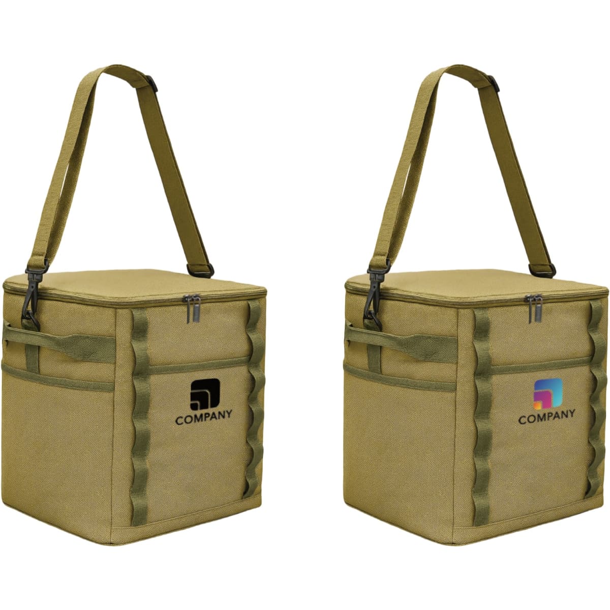 A foldable insulated cooler bag in olive green with adjustable straps and two different logos on each side.