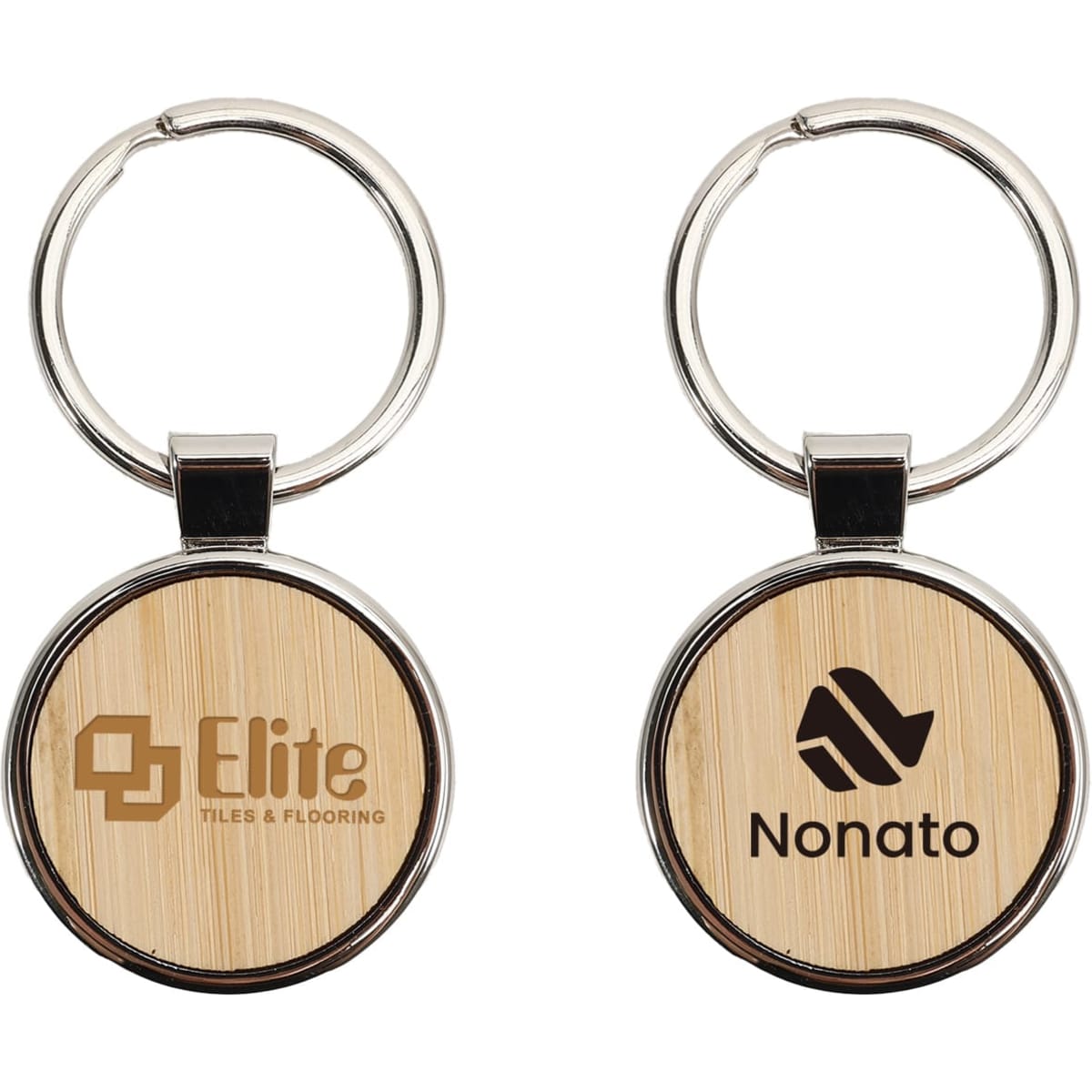 A round wooden keyring featuring a bamboo design with two sides, one showing a logo and branding.