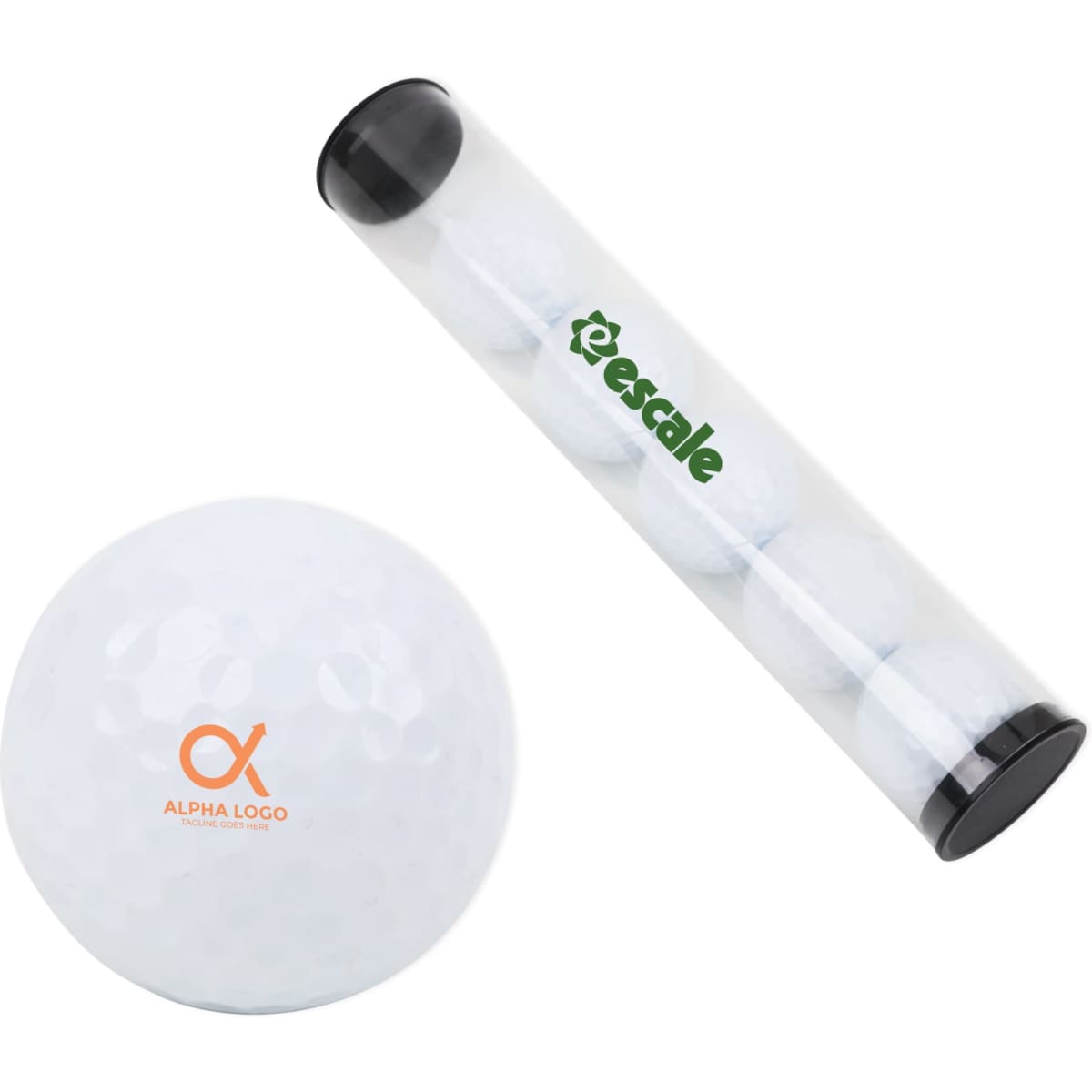 A clear tube containing six white golf balls, one displaying an orange logo.