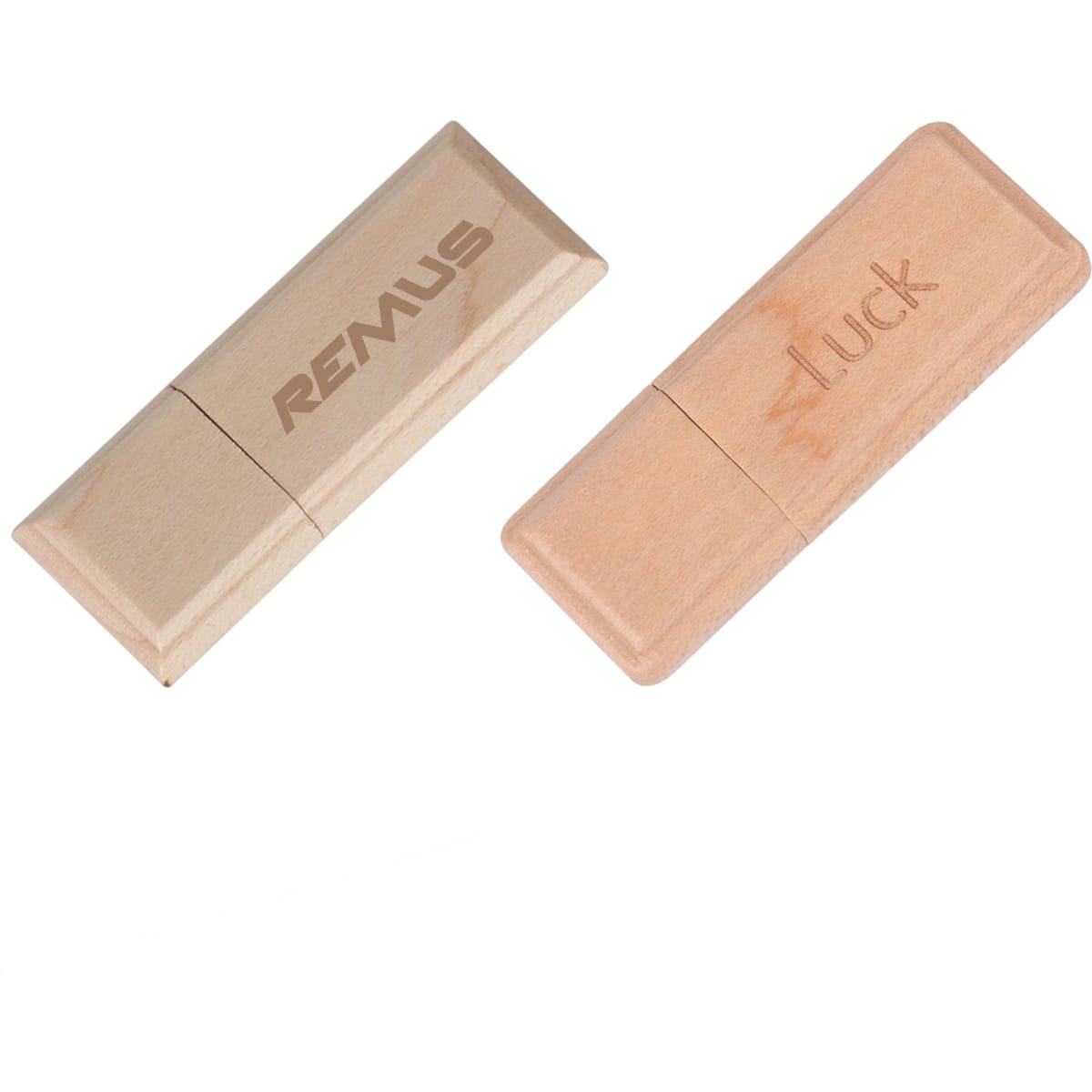 Two wooden flash drives in light beige tones, featuring engraved text and a logo on one side.