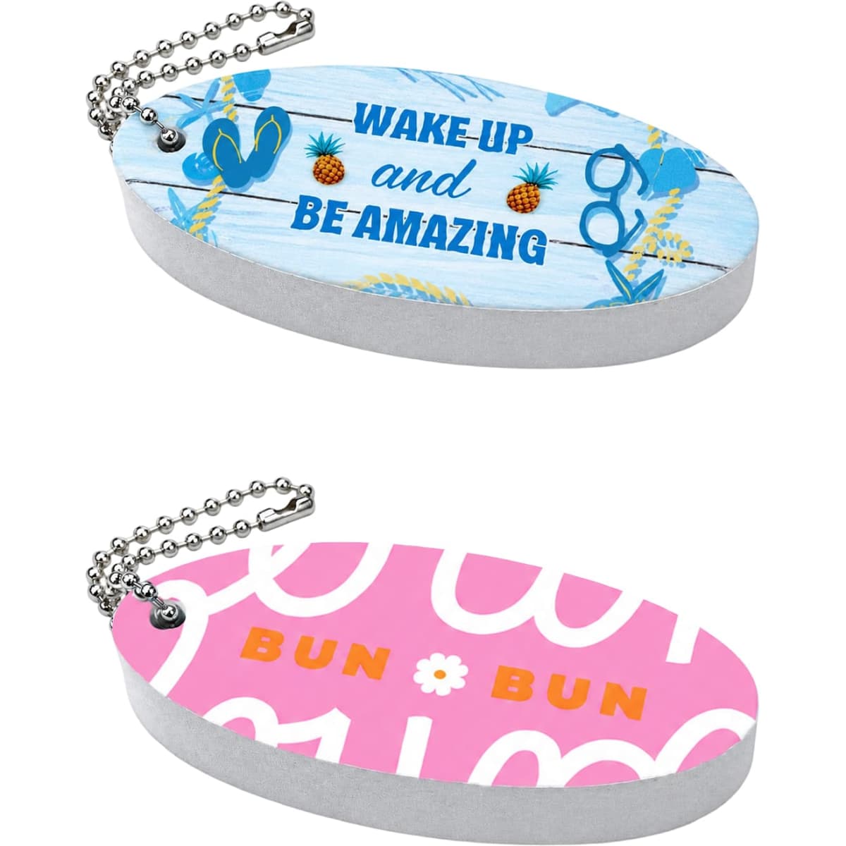 A floating keychain in blue and pink with tropical designs and a decorative chain. Features a logo.