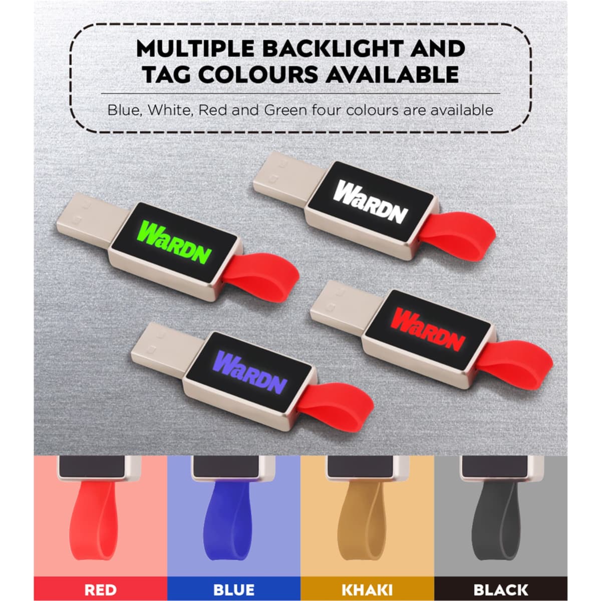 A collection of four flash drives featuring various backlight and tag colours: red, blue, green, and black, each with a logo.