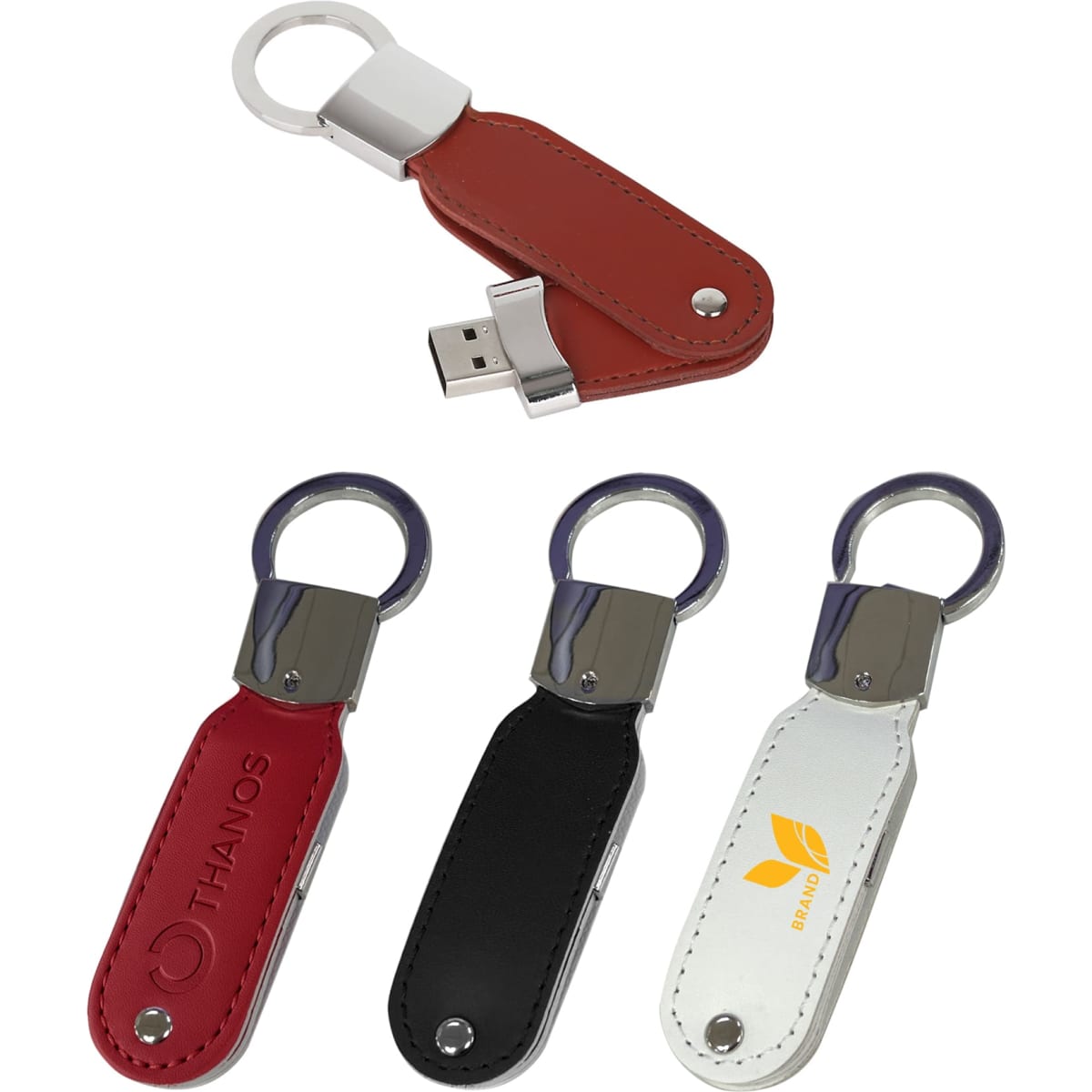 A leather swivel flash drive with a keyring, available in red, black, and white colours, featuring a logo on the surface.