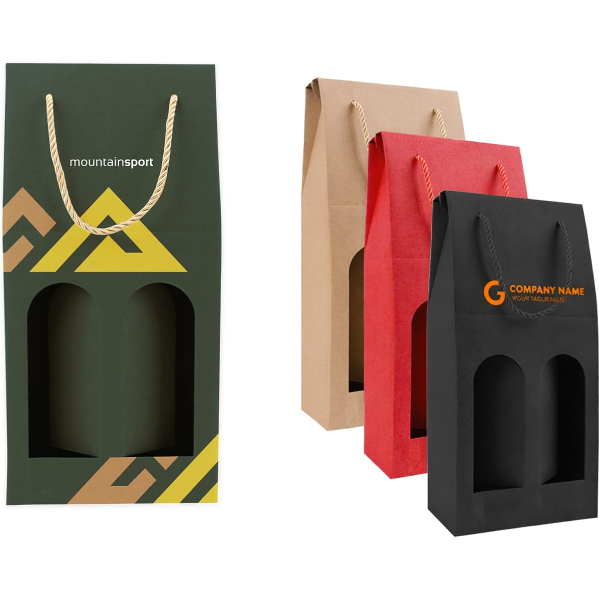 A double bottle wine box in green, brown, red, and black, featuring a rope handle and a logo on one box.