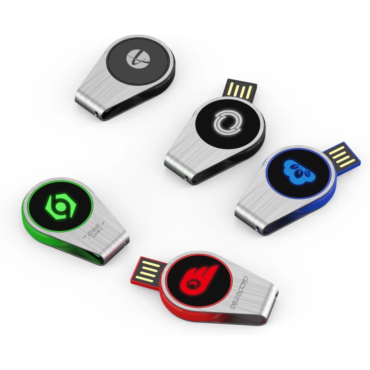 Five swivel flash drives in silver and various colours, each with a different logo on the front.
