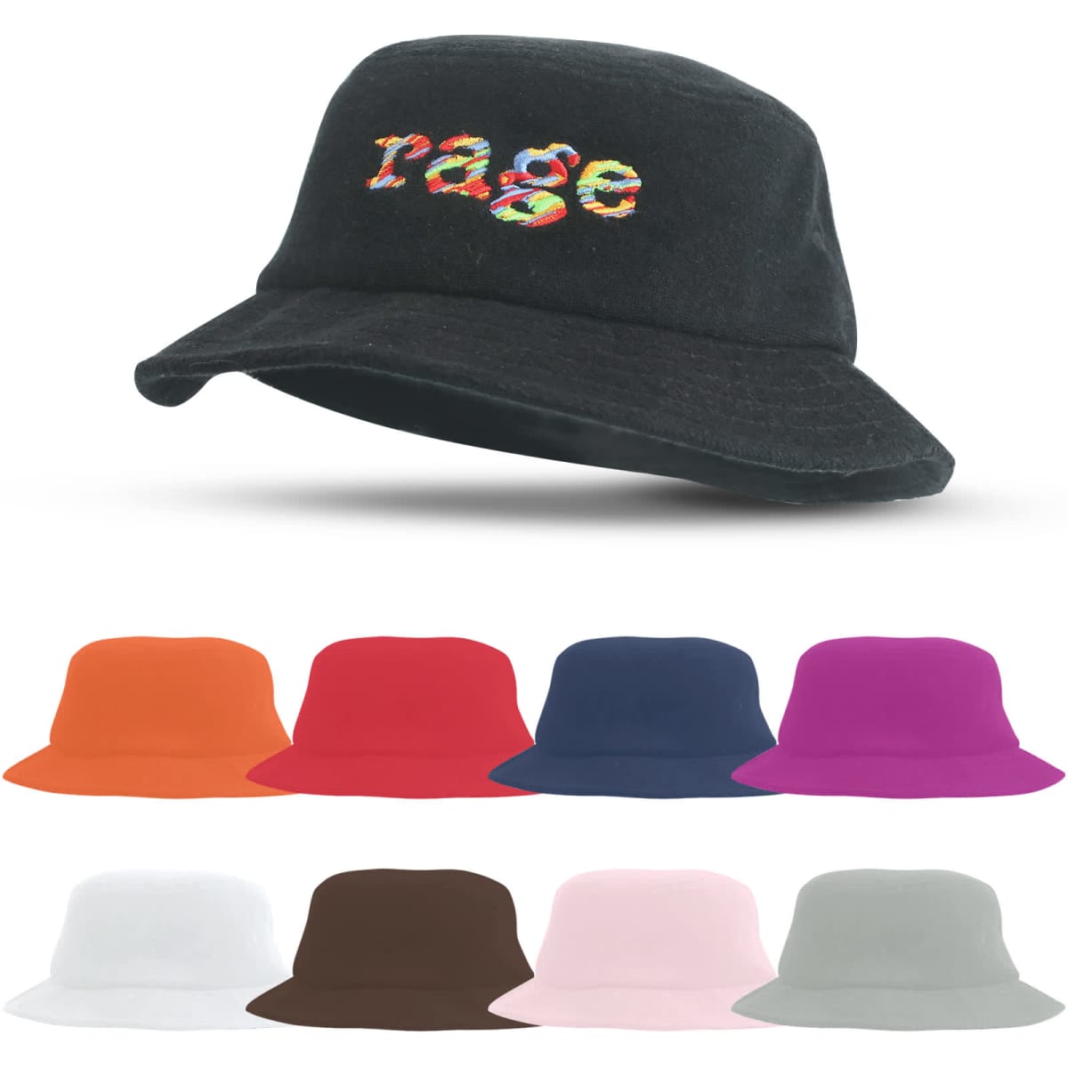 A Terry towelling bucket hat in various colours, featuring a multicoloured logo on a dark hat.