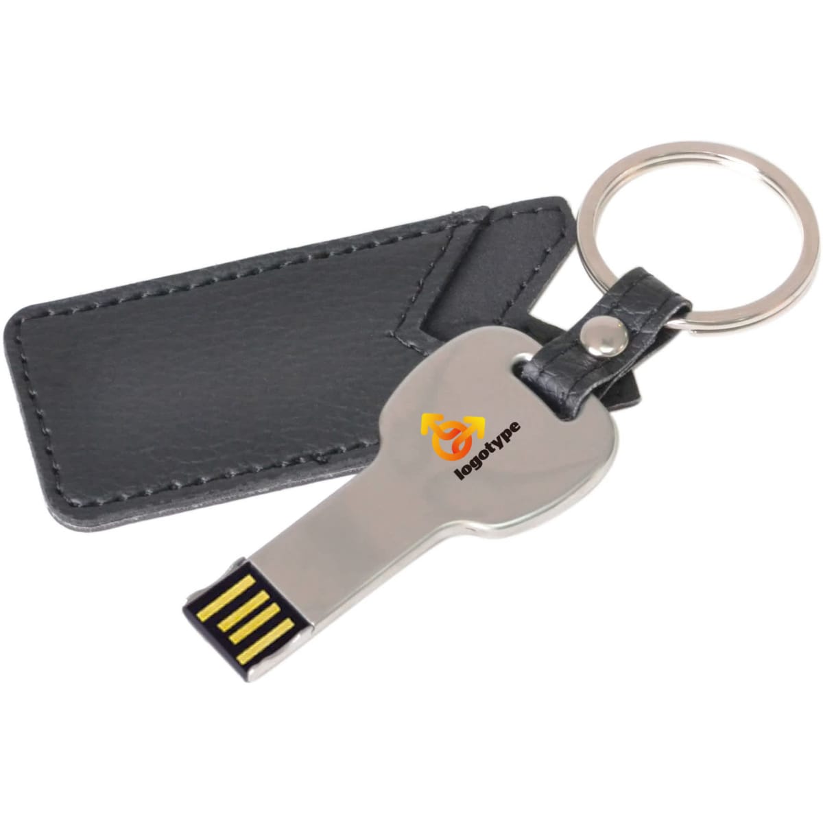 A metallic key-shaped flash drive with a black pouch and a keyring attachment.