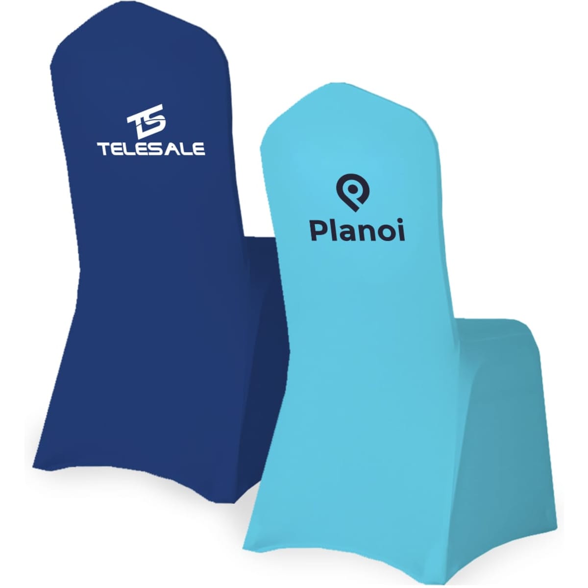 Fitted banquet chair covers in navy blue and sky blue, featuring logos on the front.