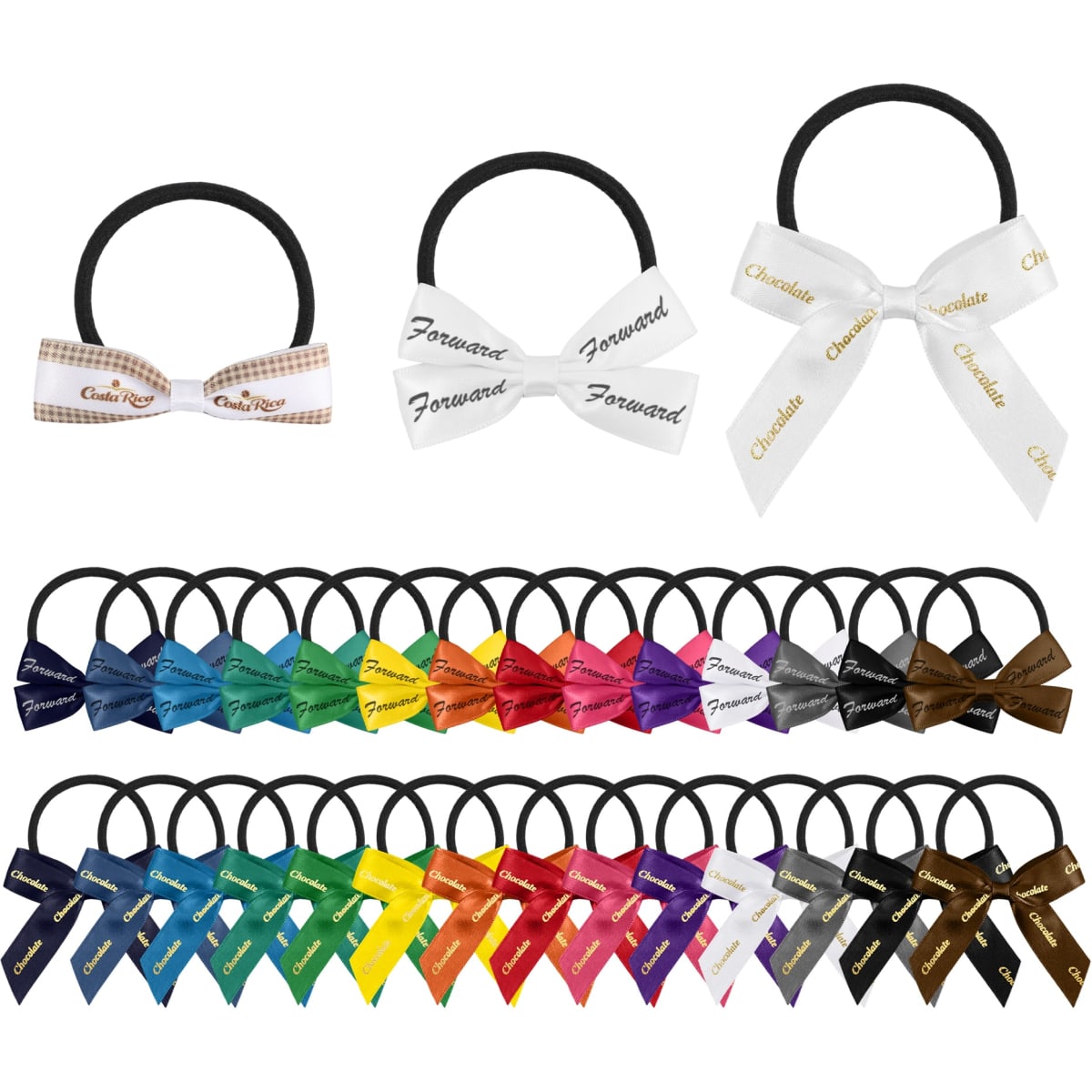 Elastic hair bows in various colours, including black, white, blue, and brown, displayed on black hair ties.