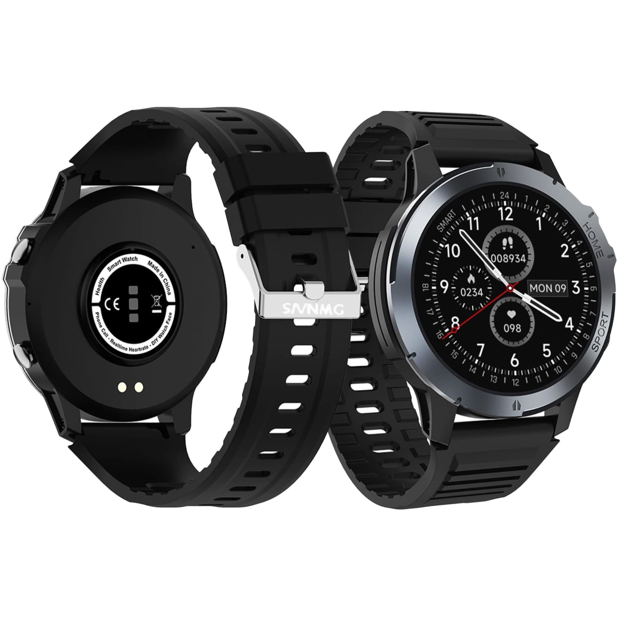 A round smart watch with a black silicone strap and a silver bezel, featuring a digital display and a back view.