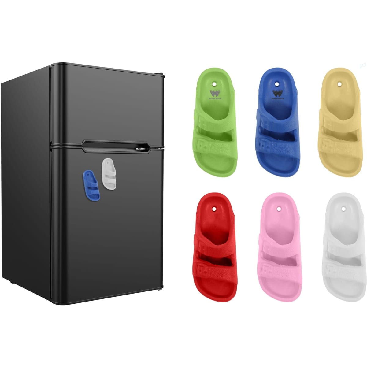 A black fridge with six coloured fridge magnets shaped like slides: red, pink, yellow, green, blue, and white.