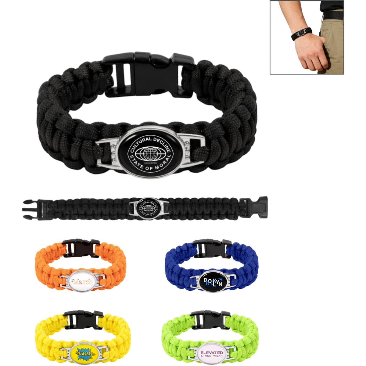 A collection of braided paracord bracelets in black, orange, blue, green, and yellow, each with a themed pendant and logo.
