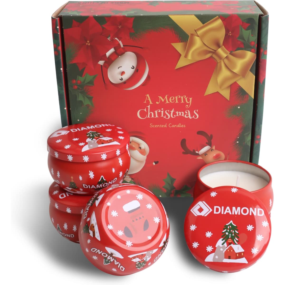 A set of four red tin candles in festive containers, displayed in a Christmas-themed box with decorations.