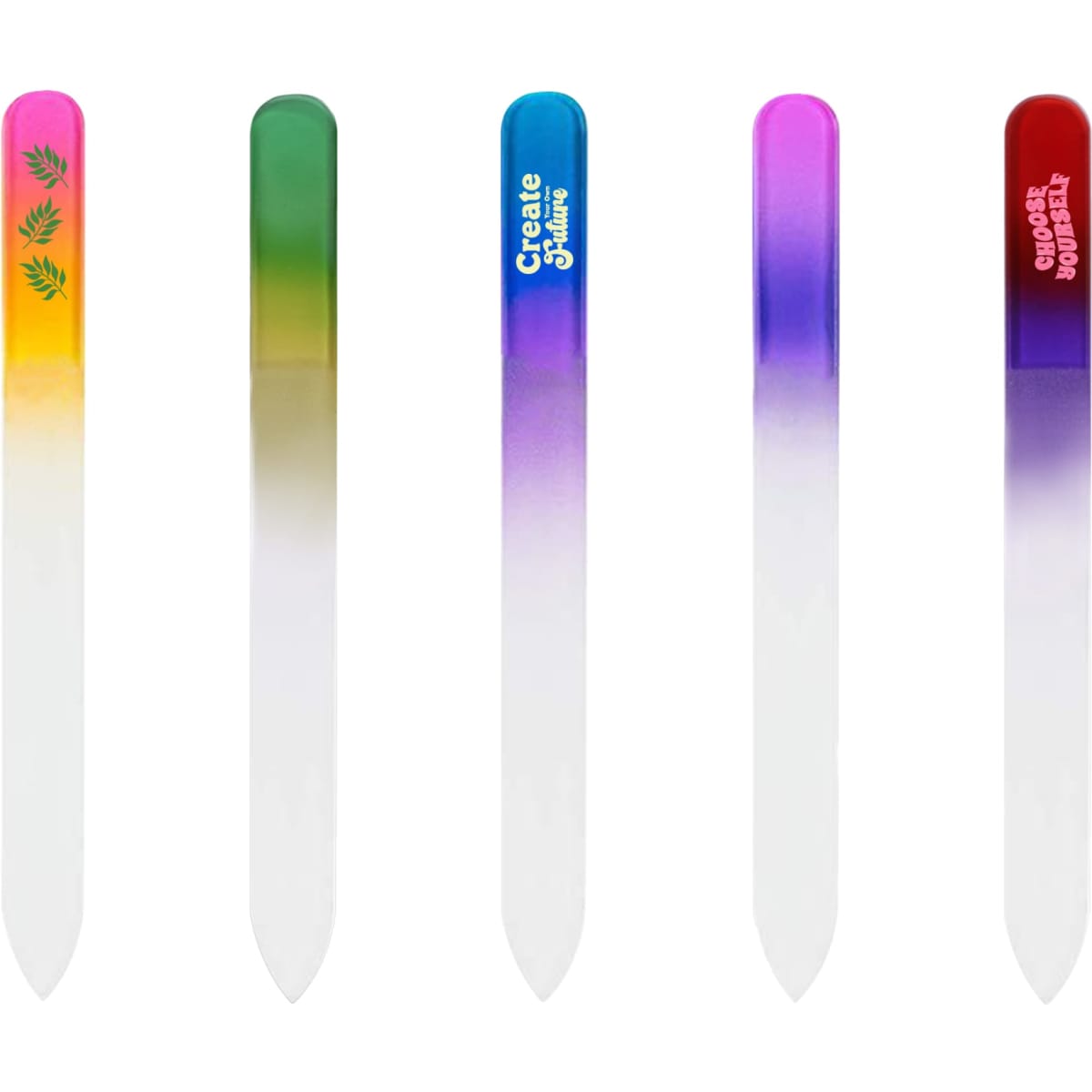A set of five gradient coloured glass nail files in various vibrant hues, including purple, green, and pink.