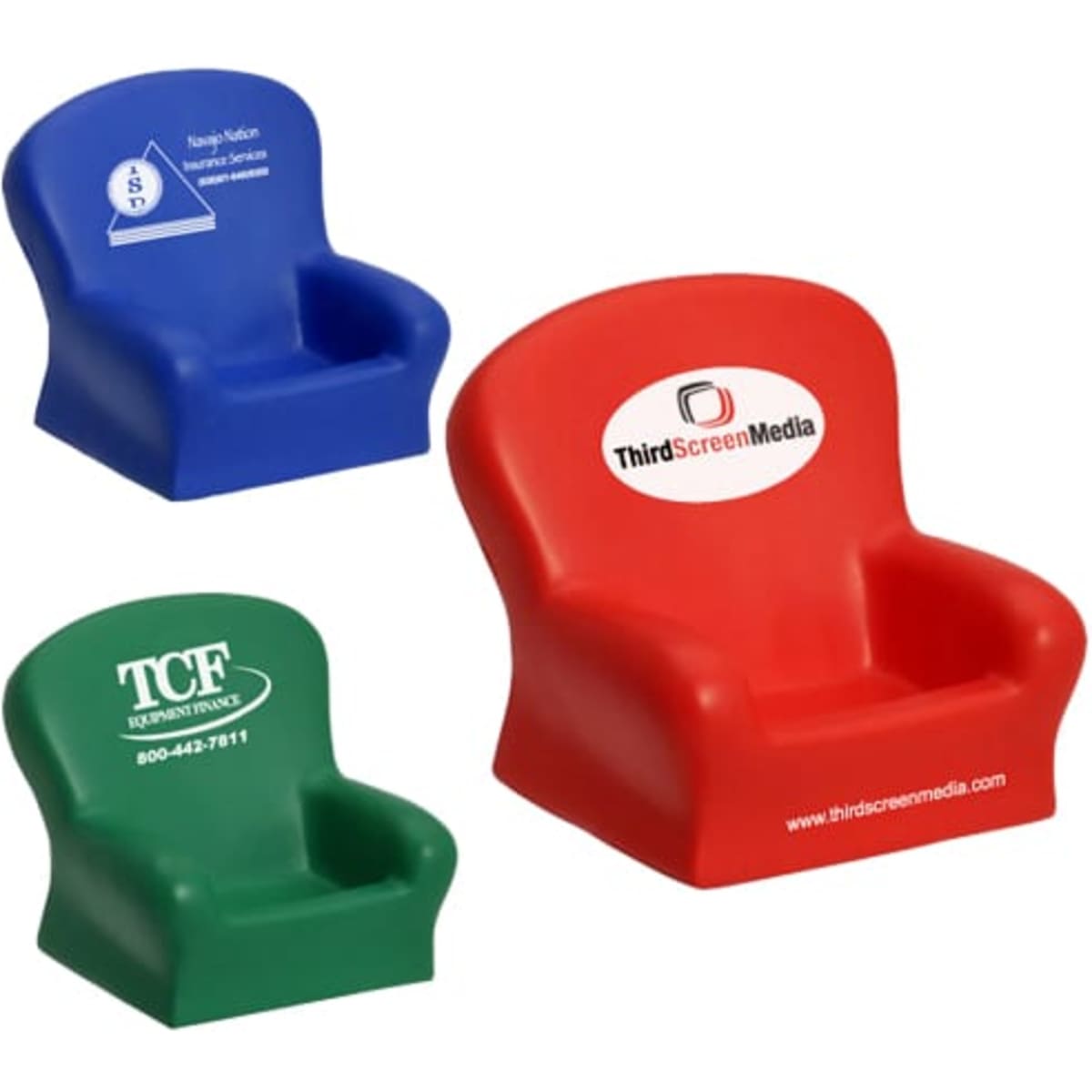 Three mini chair-shaped stress relievers in red, blue, and green with various logos on them.