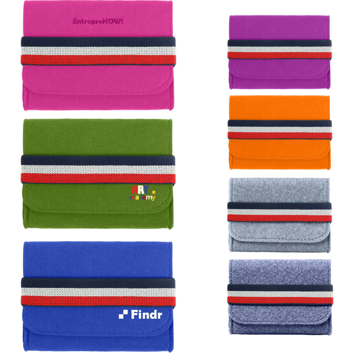 A collection of Felt Essential Oils Travel Organisers in pink, green, blue, orange, grey, and purple, each with a striped band.