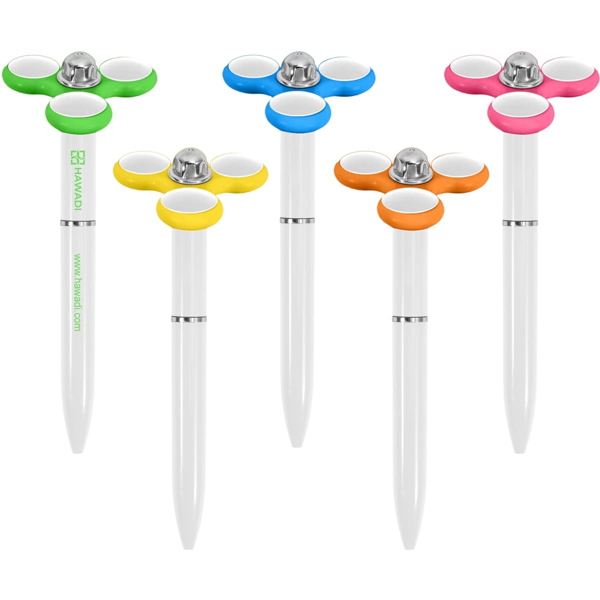 A collection of five white fidget pens in green, blue, yellow, and orange, each featuring a logo.