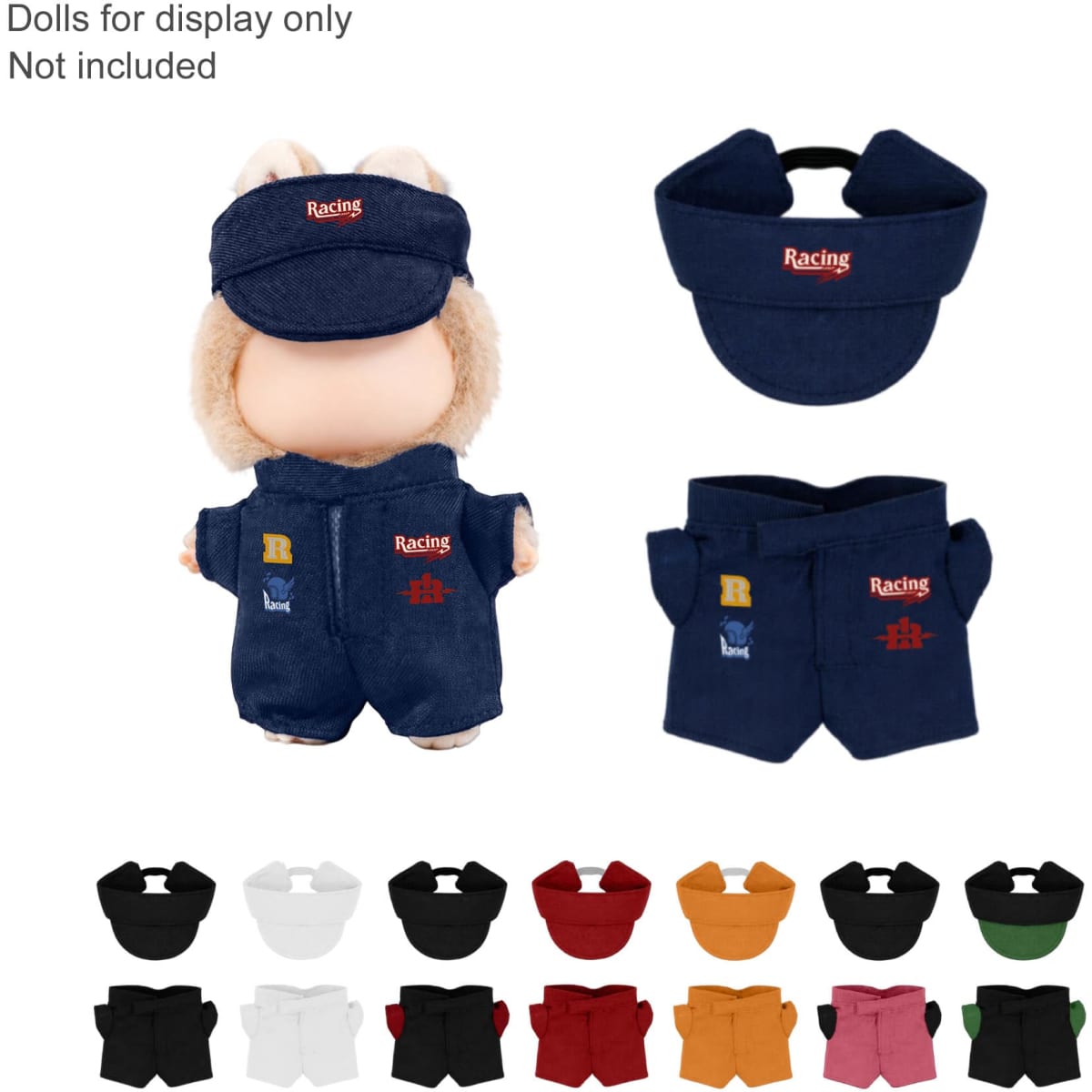 A racing suit set for 10cm dolls, featuring a blue outfit and visor. Includes various coloured shorts and visors.