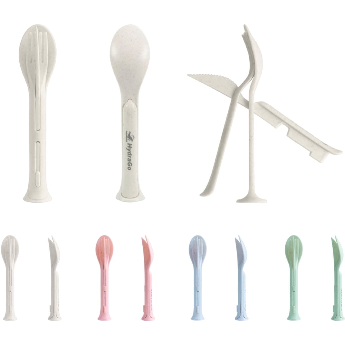 A set of portable utensils including spoons, forks, and knives in various pastel colours. The set is compact and features a logo.