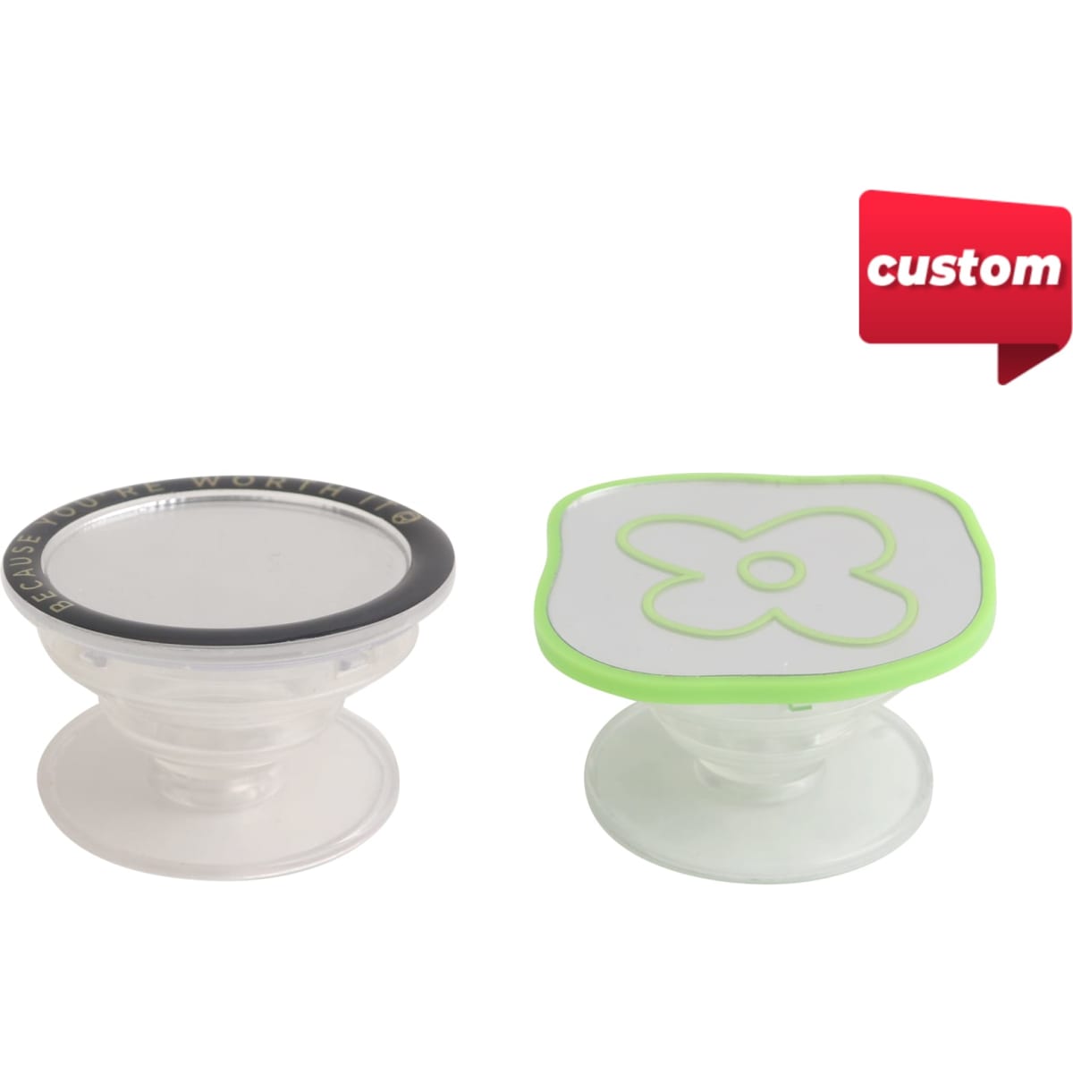 Custom-shaped mirror phone pop holders in clear and green colours, with a smooth surface and a flexible base.