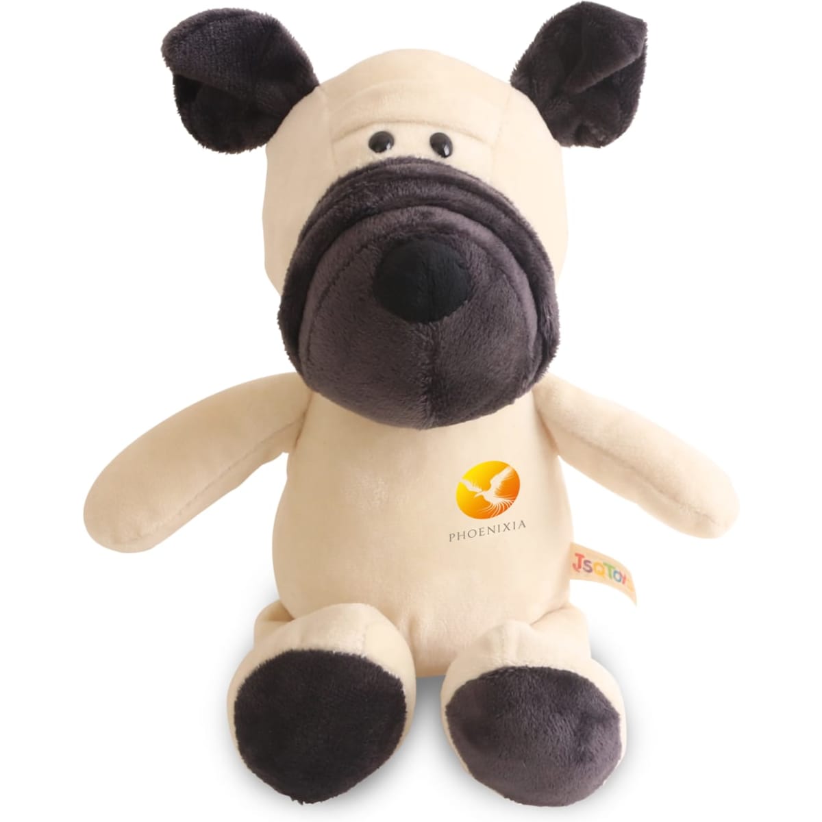 A beige and black plush dog toy with a stitched nose and ears, featuring a small logo on its body.