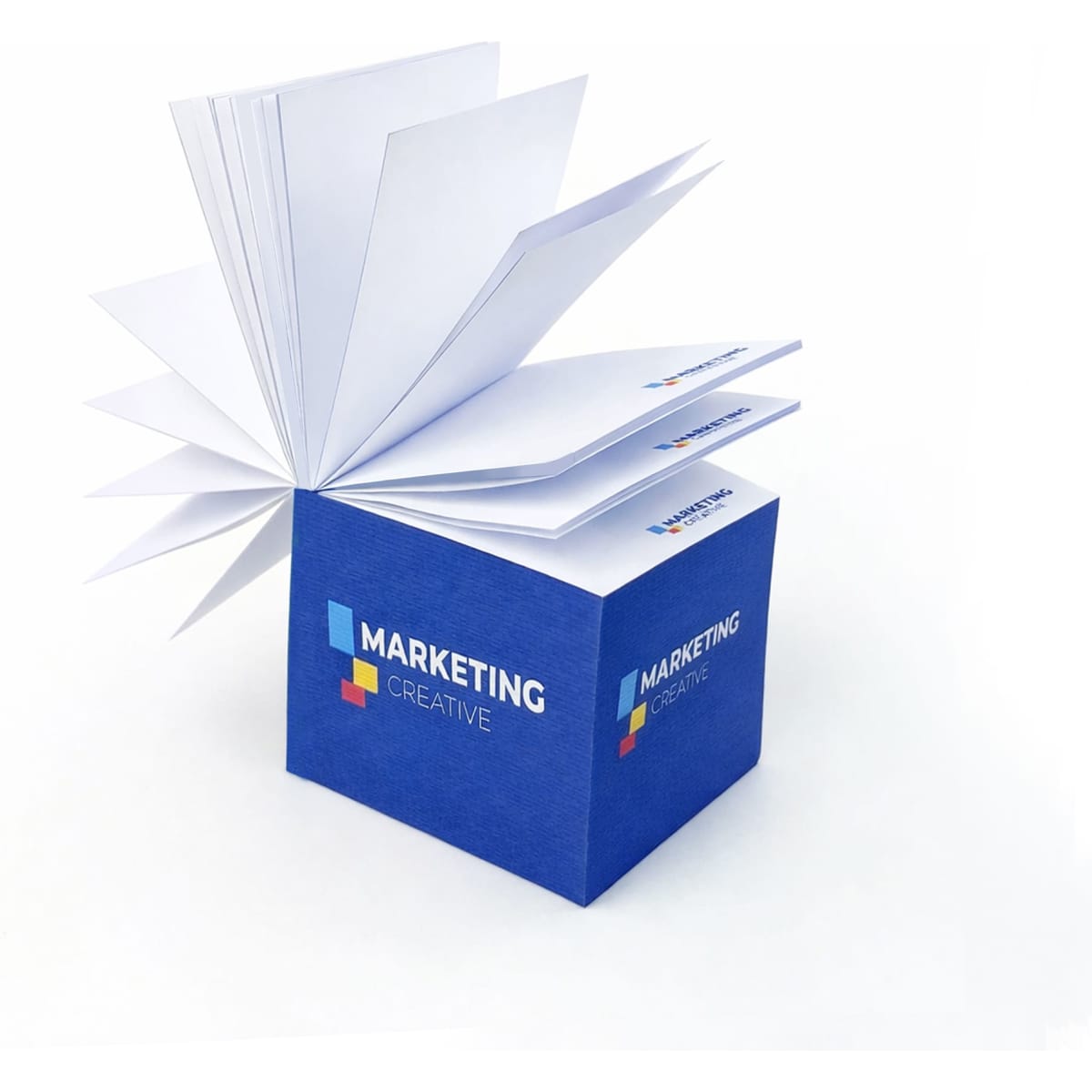 A blue cube-shaped notepad with white sticky notes and a logo on one side.
