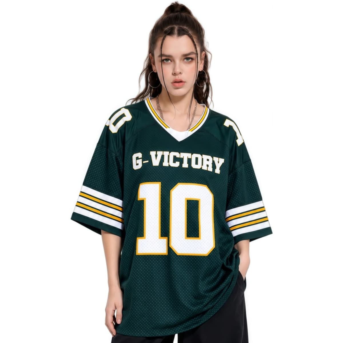 A green unisex hockey jersey with a retro V-neck, featuring bold white numbers and stripes. Includes a logo.