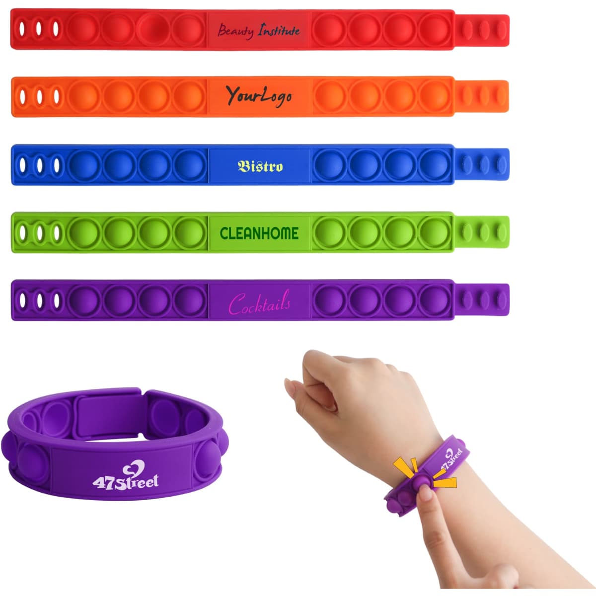 Colourful silicone wristbands in various shades, featuring bubble-like poppers. Includes branding on some bands.